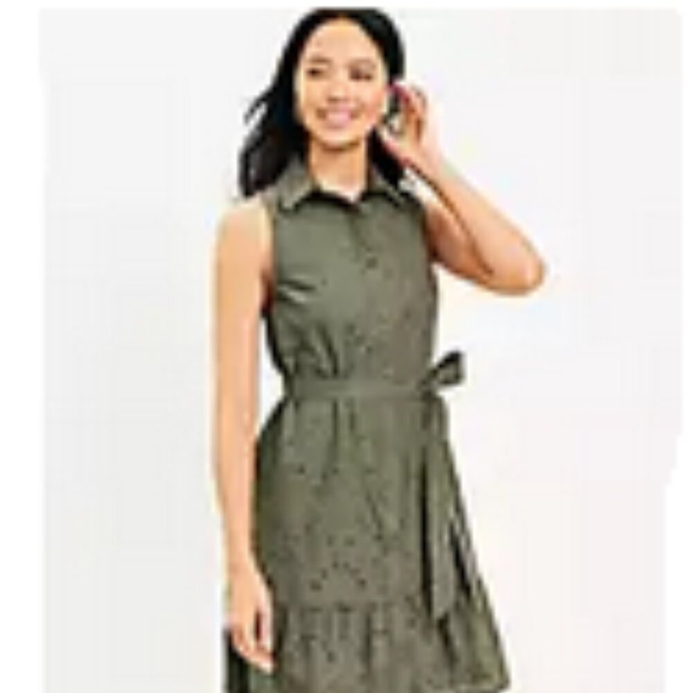 LOFT Eyelet Button Sleeveless Flounce Eyelet Embroidered ShirtDress Sz XXL Green